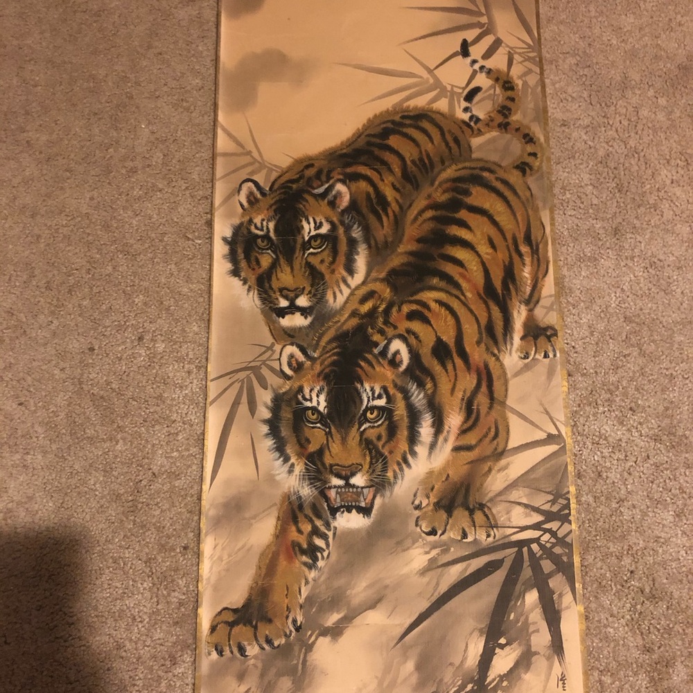 One of a kind Japanese watercolor tiger scroll